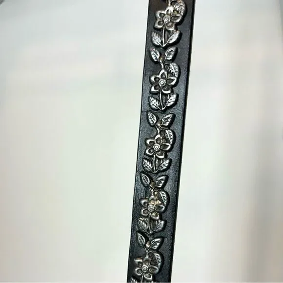 Vintage Silver Flower Embellished Genuine Leather Belt made in Italy. Vintage Silver Flower Embellished Genuine Leather Belt made  main image 2